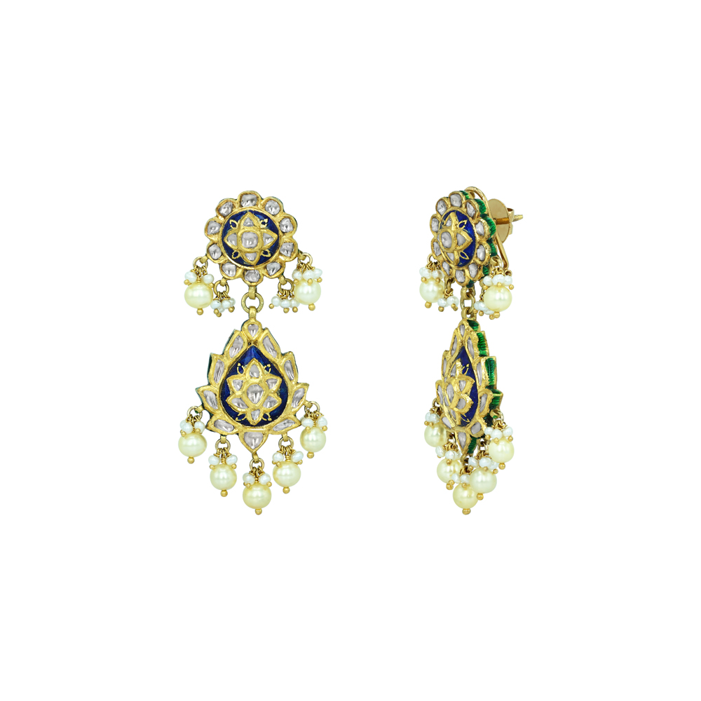 Drop Earrings with Blue Enamel and Pearls